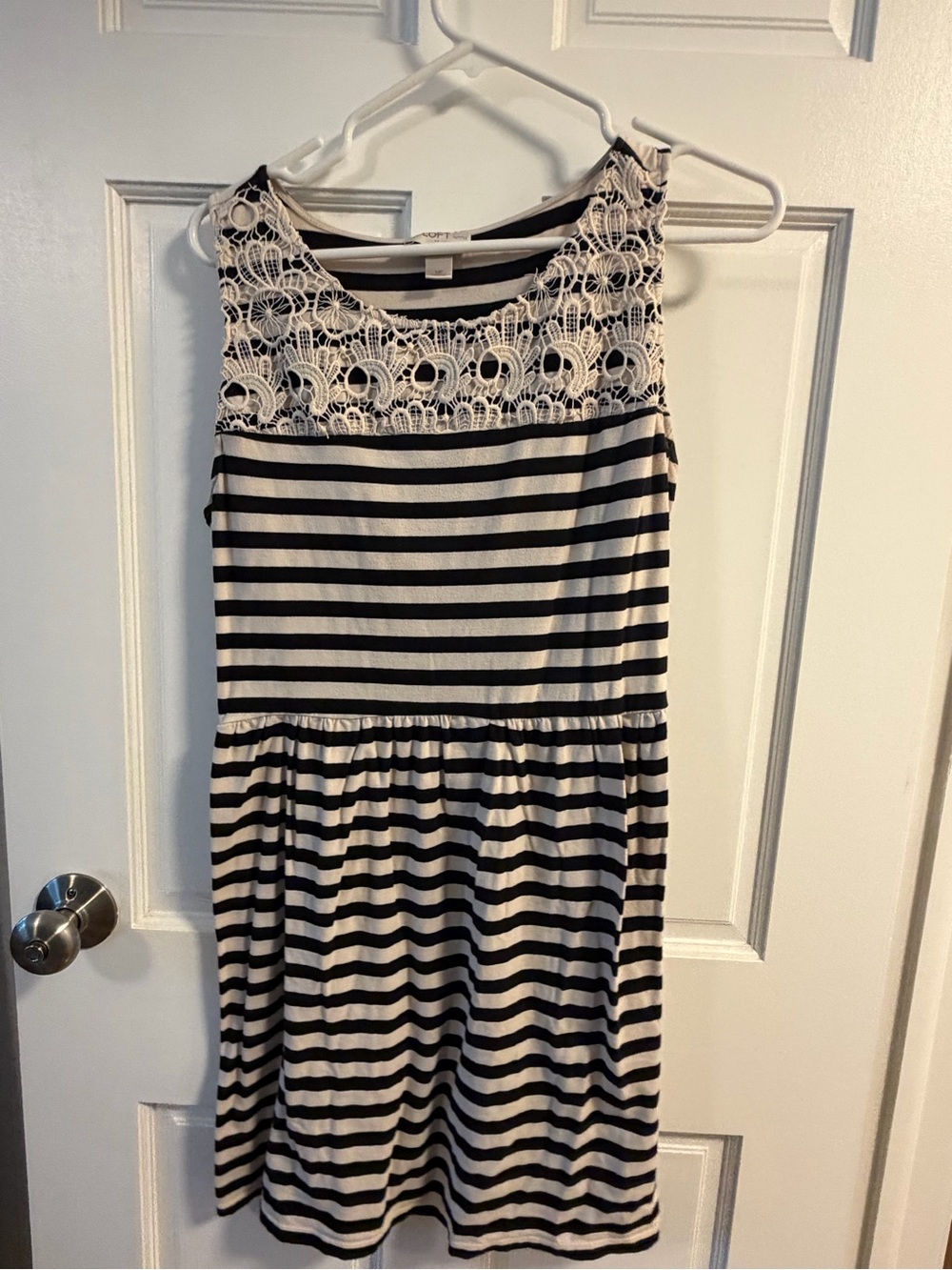 LOFT Black and White Striped Lace Yoke Sleeveless Dress